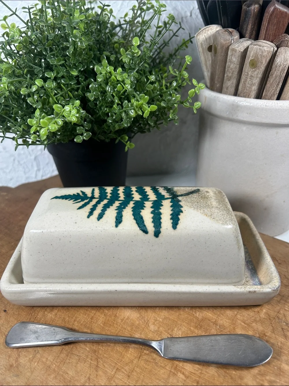 Stoneware Butter Dish Studio Pottery Handmade w/ Green Fern Motif Artist Signed